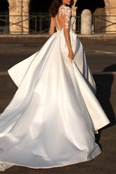 V Neck Long Sleeves Satin Wedding Dress With Appliques Lace