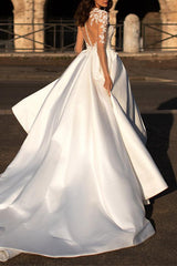 V Neck Long Sleeves Satin Wedding Dress With Appliques Lace