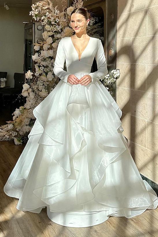 V Neck Long Sleeves Sweep Train Wedding Dress