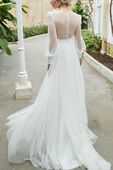 V Neck Long Sleeves Tulle A Line Bridal Gowns