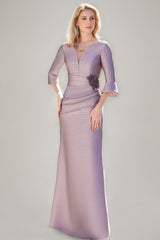 V Neck Long Trumpet Mermaid Mother of the Bride Dresses with Ruched Detail Ruffled Sleeves and Jewel Appliques