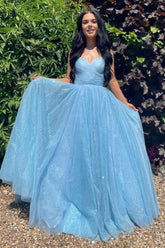 V Neck Prom Dress Blue Tulle Sequin Long Evening Dress
