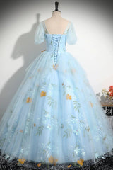V Neck Prom Dress Tulle Lace Blue Long A Line Sweet 16 Dress Evening Dress