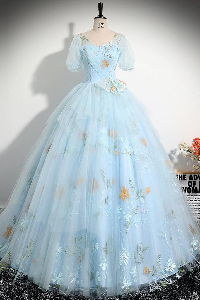 V Neck Prom Dress Tulle Lace Blue Long A Line Sweet 16 Dress Evening Dress