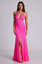 V-Neck Satin Fuchsia Wedding Guest Dress Mermaid Long Formal Dress With Slit
