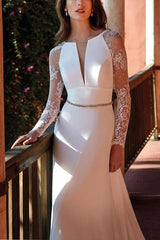 V Neck Satin Lace Court Train Wedding Dress With Lace