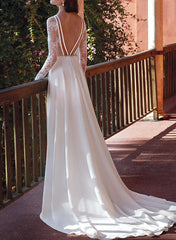 V Neck Satin Lace Court Train Wedding Dress With Lace