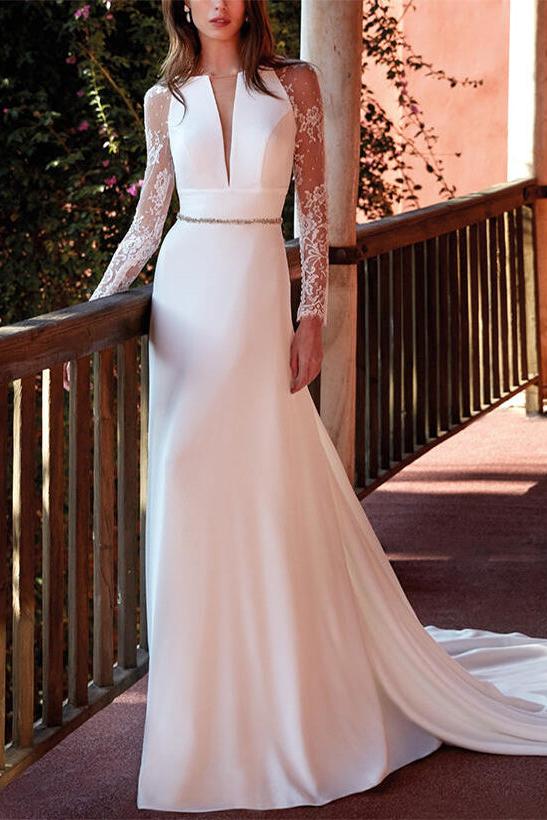 V Neck Satin Lace Court Train Wedding Dress With Lace
