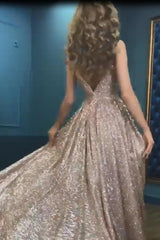 V Neck Sequins Spaghetti Straps Evening Dress