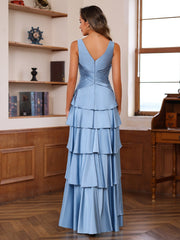 V Neck Sleeveless A Line Long Mother of the Bride Dress With Ruffles & Wrap