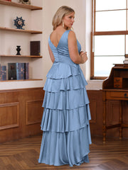 V Neck Sleeveless A Line Long Mother of the Bride Dress With Ruffles & Wrap