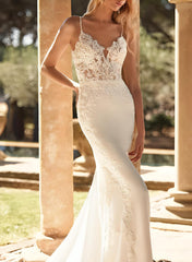 V Neck Sleeveless Court Train Elegant Wedding Dress With Appliques Lace