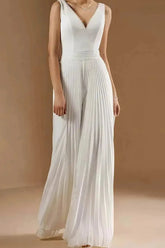 V Neck Sleeveless Floor Length Chiffon Wedding Jumpsuit with Pleats