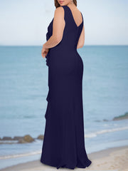 V Neck Sleeveless Plus Size Long Sheath Column Mother of the Bride Dresses with Ruffles