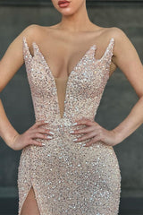 V Neck Sleeveless Sequins Mermaid Evening Dress with Split