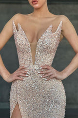 V Neck Sleeveless Sequins Mermaid Evening Dress with Split
