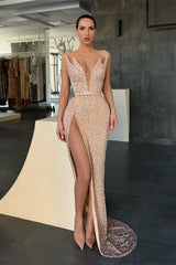 V Neck Sleeveless Sequins Mermaid Evening Dress with Split