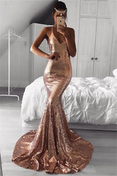 V Neck Sleeveless Sequins Mermaid Evening Dress