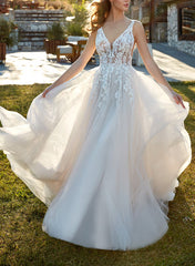 V Neck Sweep Train Tulle Wedding Dress With Lace