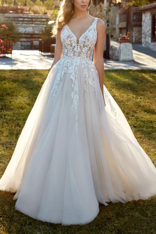 V Neck Sweep Train Tulle Wedding Dress With Lace