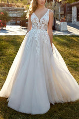 V Neck Sweep Train Tulle Wedding Dress With Lace