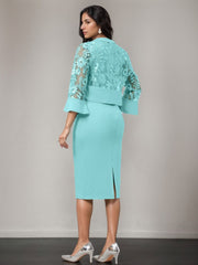 V Neck Tea Length Mother of the Bride Sheath Column Dresses with Appliques and Jacket