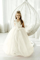 V Neck Tulle Flower Girl Dress with Lace Appliques