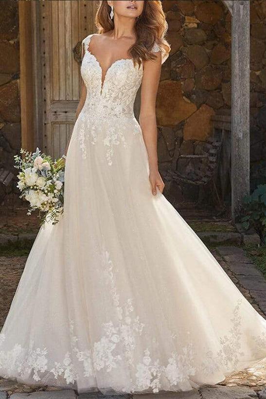 V Neck Tulle Lace A Line Wedding Dress With Appliques Lace