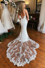 V Neck Wedding Dress Mermaid Sleeveless Bridal Gown With Lace