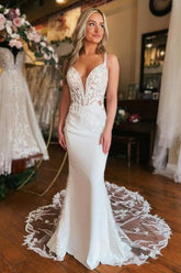 V Neck Wedding Dress Mermaid Sleeveless Bridal Gown With Lace