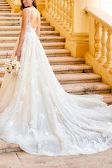 V neck Ball Gown Wedding Dress with Open Back in Lace/Tulle