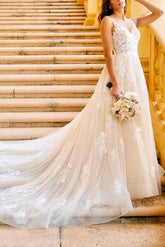 V neck Ball Gown Wedding Dress with Open Back in Lace/Tulle