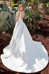 V neck Satin Wedding Dress With Open Back