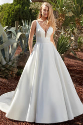 V neck Satin Wedding Dress With Open Back