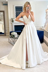 V neck Sleeveless Ball Gown Wedding Dress With Split Front Sweep Train Satin