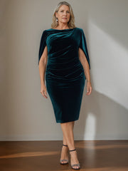 Velvet Mother of the Bride Dresses with Ruffles: A Line Scoop Half Sleeves Knee Length