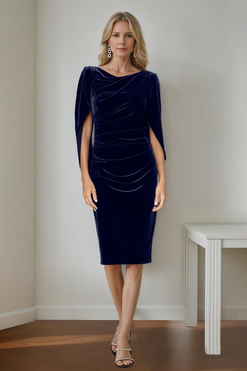 Velvet Mother of the Bride Dresses with Ruffles: A Line Scoop Half Sleeves Knee Length