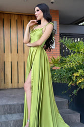 Vintage A Line Satin Off The Shoulder Sleeveless Green Prom Dress Formal Dress With Slit