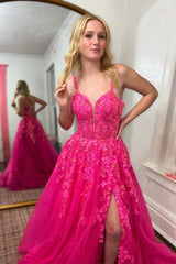 Vintage A Line Tulle Spaghetti Straps Sleeveless Formal Dress With Appliques Slit