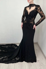Vintage Black Prom Dress Mermaid Lace High Neck Sleeves Beaded Cathedral Train Satin Formal Dress