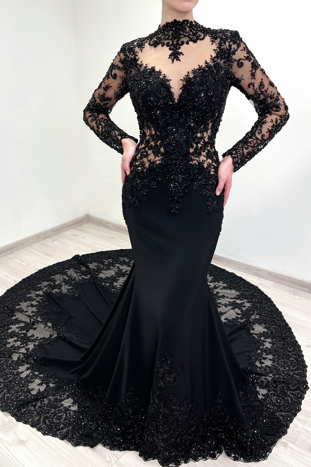 Vintage Black Prom Dress Mermaid Lace High Neck Sleeves Beaded Cathedral Train Satin Formal Dress