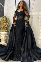 Vintage Black Prom Dress Mermaid Sweetheart Sleeves Sequined Panel Train Satin Formal Dress With Appliques