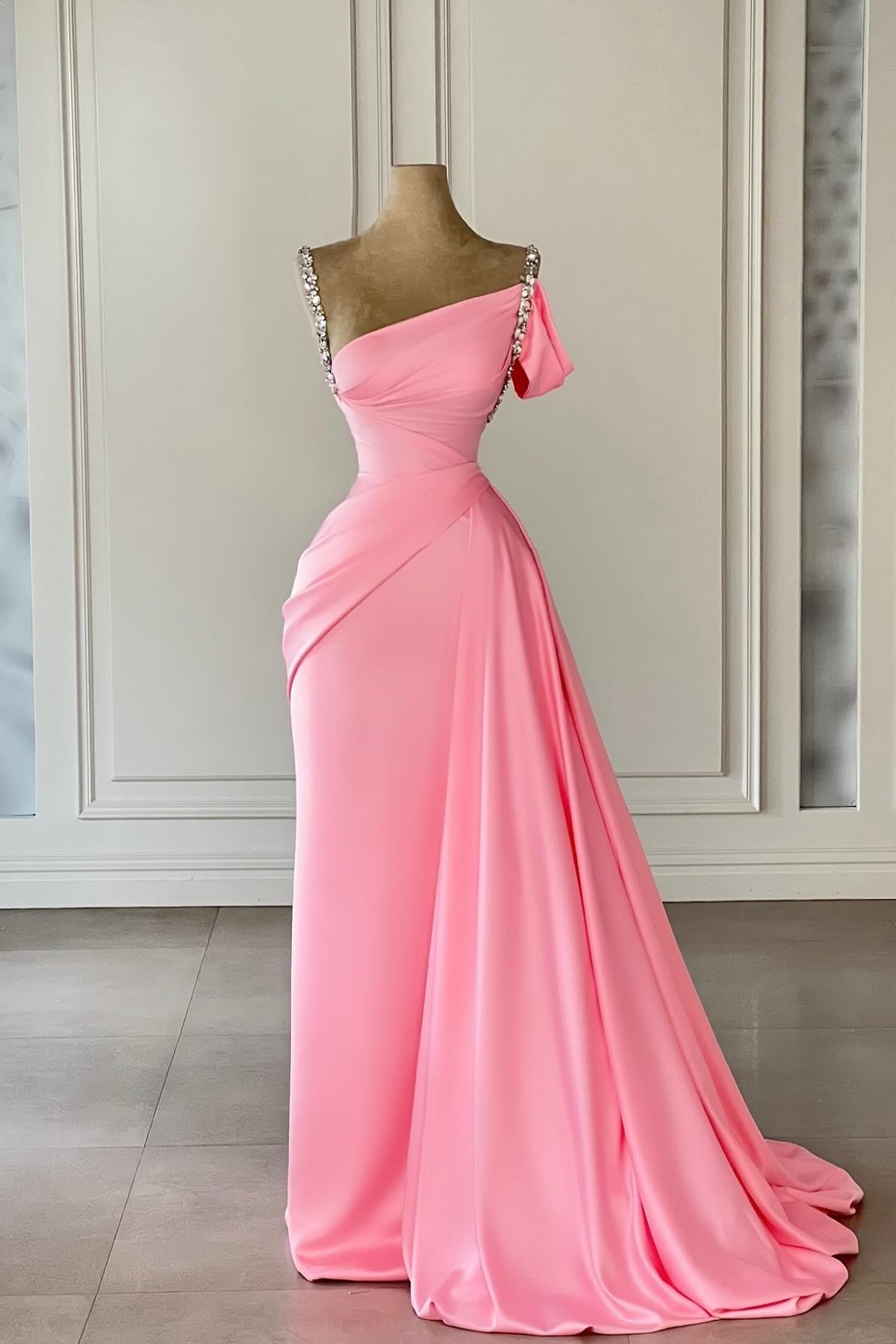 Vintage Column Satin Off The Shoulder Sleeveless Pink Prom Dress Formal Dress With Rhinestone