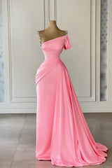 Vintage Column Satin Off The Shoulder Sleeveless Pink Prom Dress Formal Dress With Rhinestone