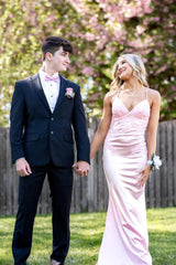 Vintage Column Satin Spaghetti Straps Sleeveless Formal Dress With Appliques