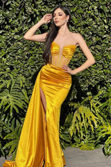 Vintage Column Satin V Neck Sleeveless Yellow Formal Dress With Slit