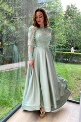 Vintage Light Green Prom Dress High Neck A Line Sleeves Floor Length Slit Satin Formal Dress