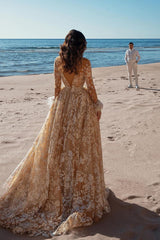 Vintage Long Sleeves Lace Wedding Dress Mermaid Tulle Bridal Gown