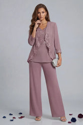 Dreamyannie Vintage V Neck 3 Piece Mother Of The Bride Pant Suits With Jacket