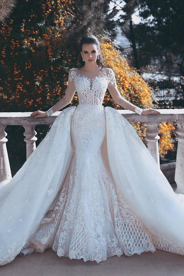 Vintage Mermaid Long Sleeve Lace Appliques Wedding Dress With Panel Train
